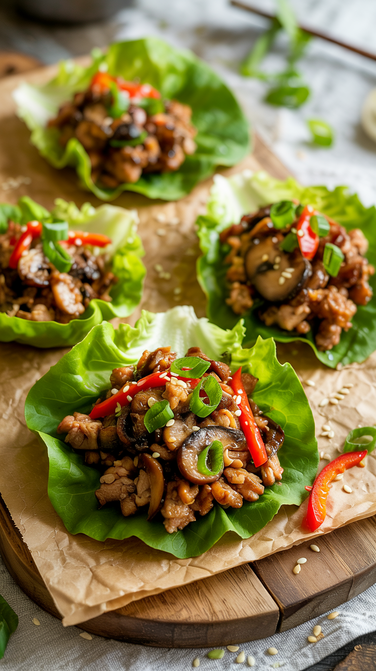 Savory ground turkey mixed with mushrooms, scallions, and ginger in crisp lettuce cups