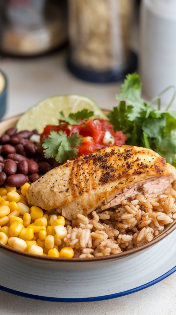 Seasoned chicken, brown rice, beans, corn, salsa, and fresh cilantro