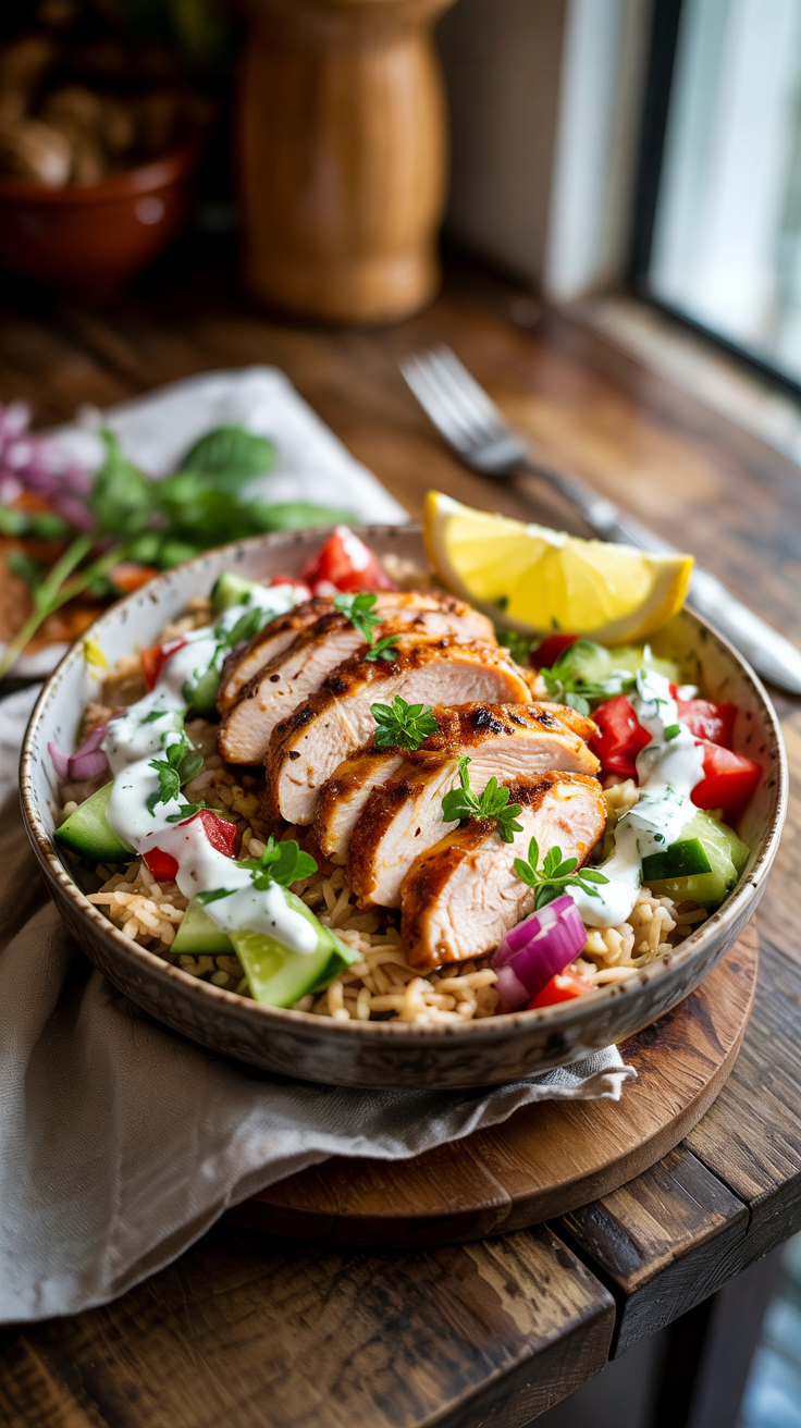 Spiced chicken served with cucumbers, tomatoes, onions, herbs, and lemon rice