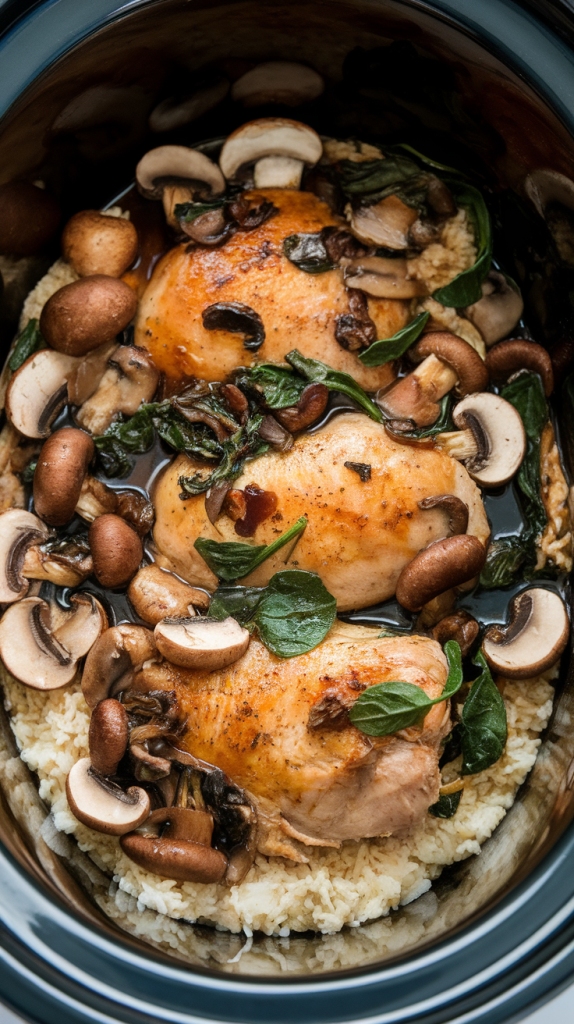 Tender chicken cooked in balsamic vinegar, garlic, mushrooms, and spinach