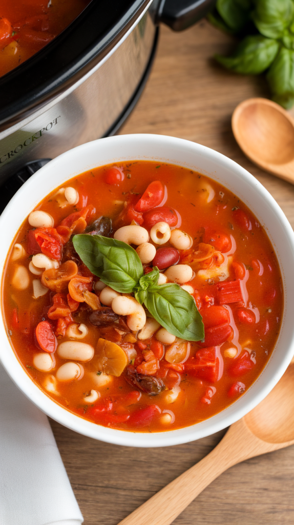 Tomatoes, beans, pasta, and veggies in a broth-based Minestrone Italian soup
