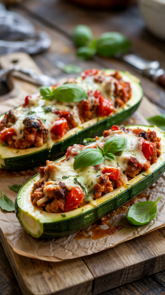 Turkey Pesto Veggie Stuffed Zucchini Recipe
