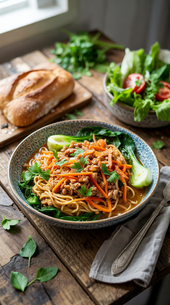 Turkey, shredded carrots, bok choy, and noodles tossed in a ginger-soy sauce