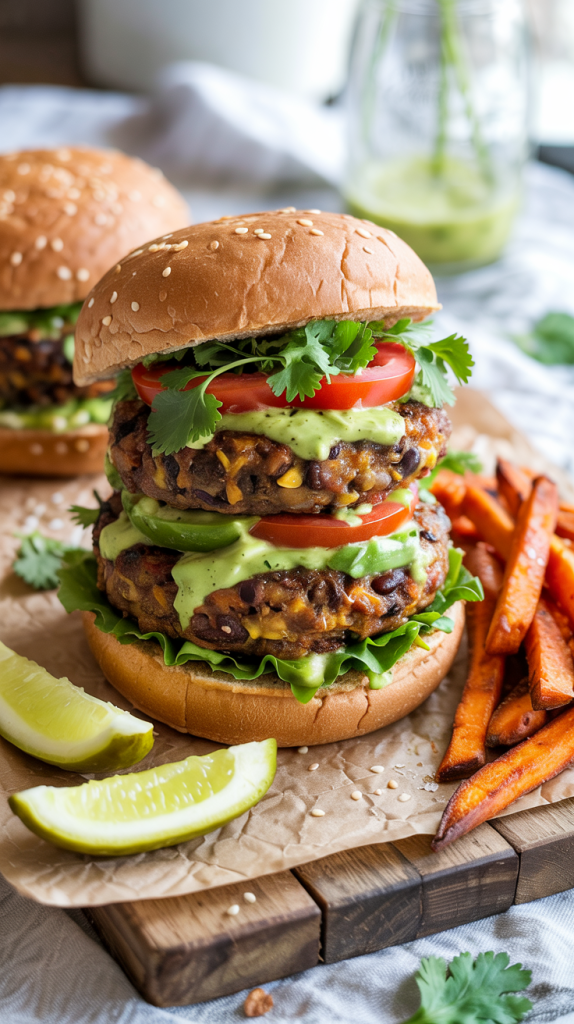 Veggie Black bean–quinoa burgers with a zesty avocado lime drizzle