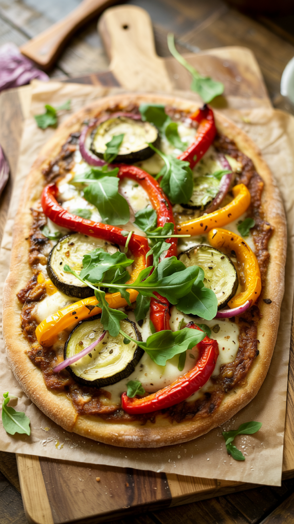 Veggie flatbread topped with pesto, roasted veggies, and fresh arugula