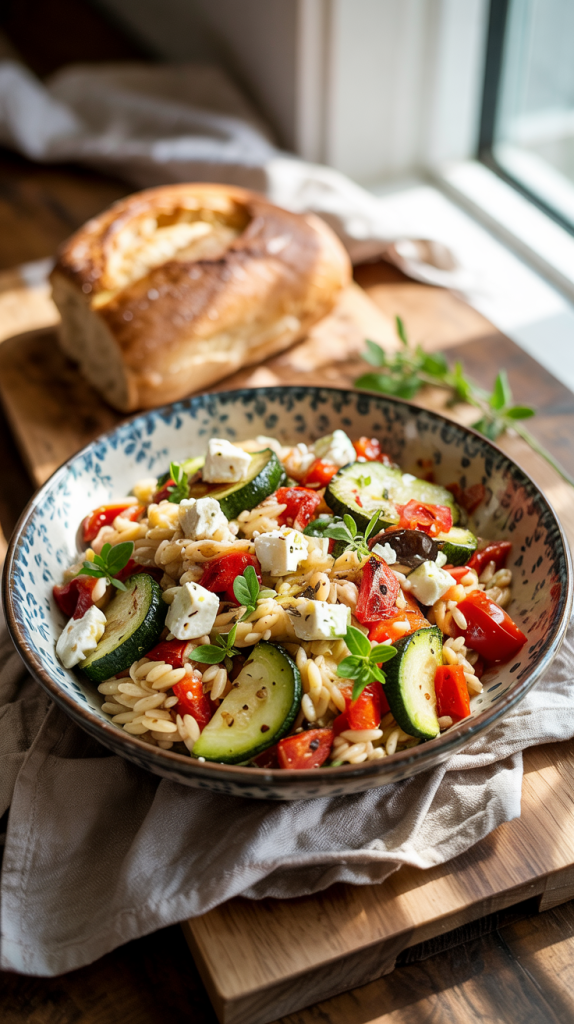 Warm orzo, zucchini, tomatoes, peppers, feta, and a lemon-oregano dressing