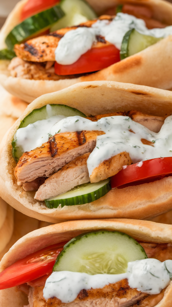 Easy Healthy Dinner Recipes for Two Warm pitas filled with grilled chicken, cucumbers, tomatoes, and tzatziki.