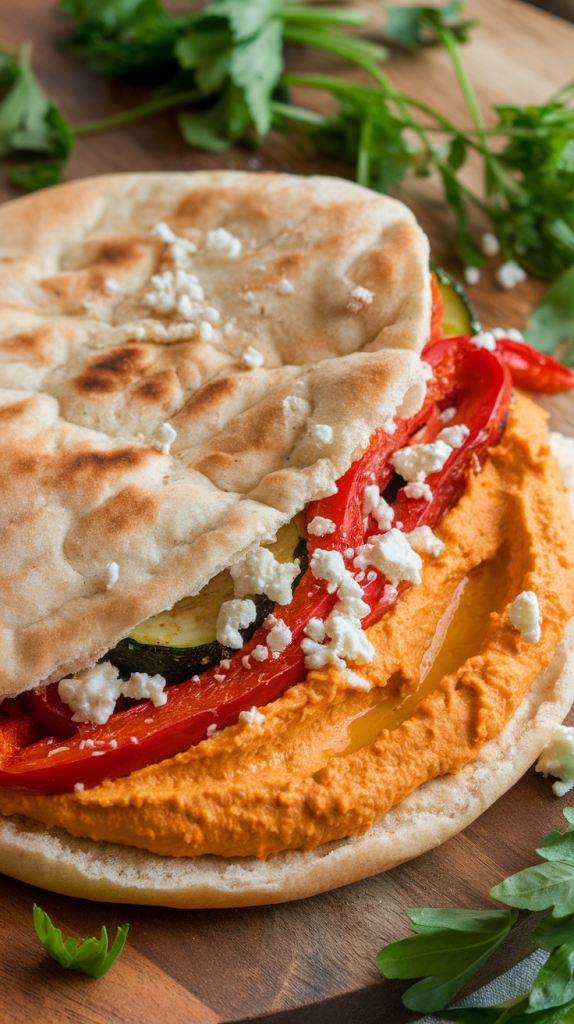 Easy Healthy Dinner Recipes for Two Warm pitas filled with roasted veggies, hummus, and a touch of feta