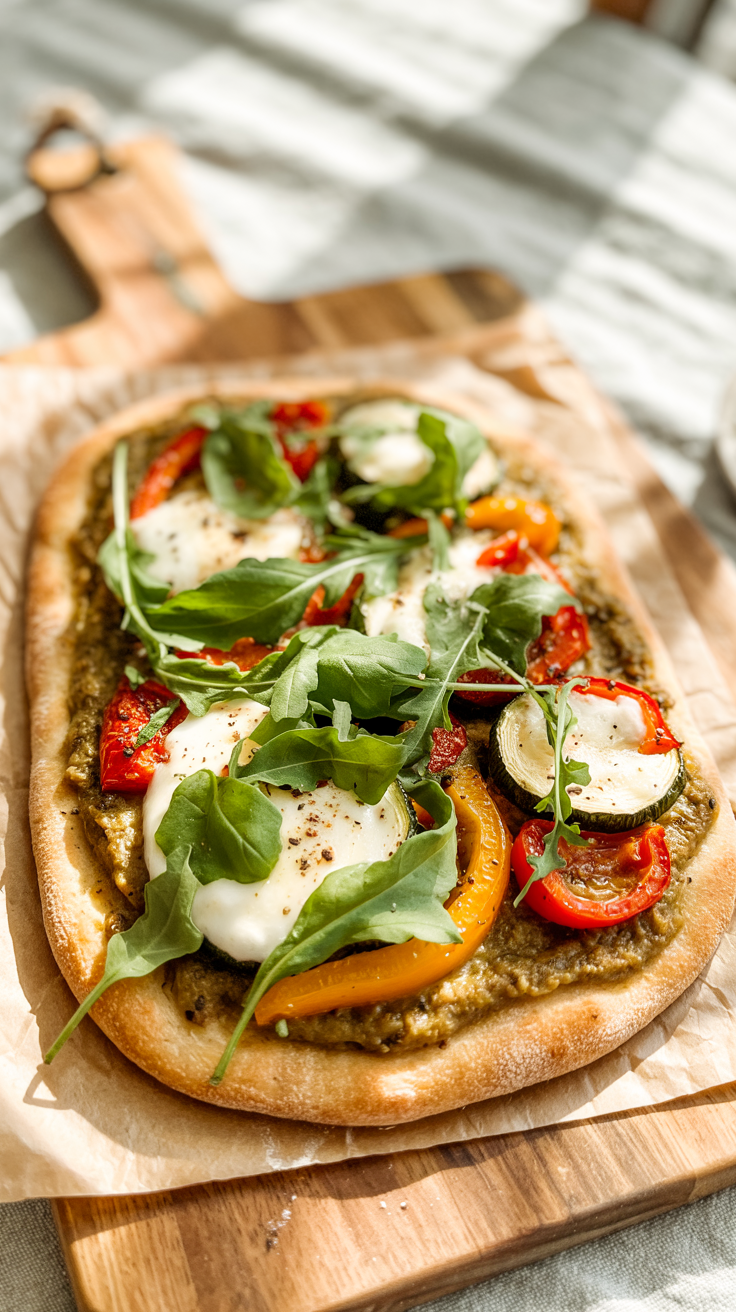 Whole-grain flatbread topped with pesto, roasted veggies, and fresh arugula