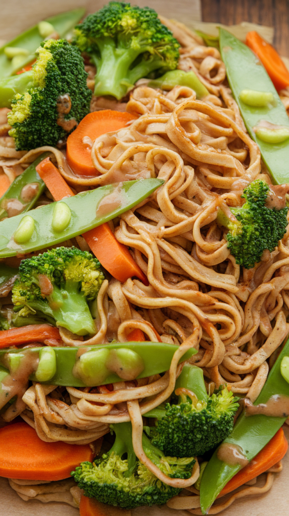 Easy Healthy Dinner Recipes for Two Whole-grain noodles with broccoli, carrots, snap peas, and light soy-ginger sauce