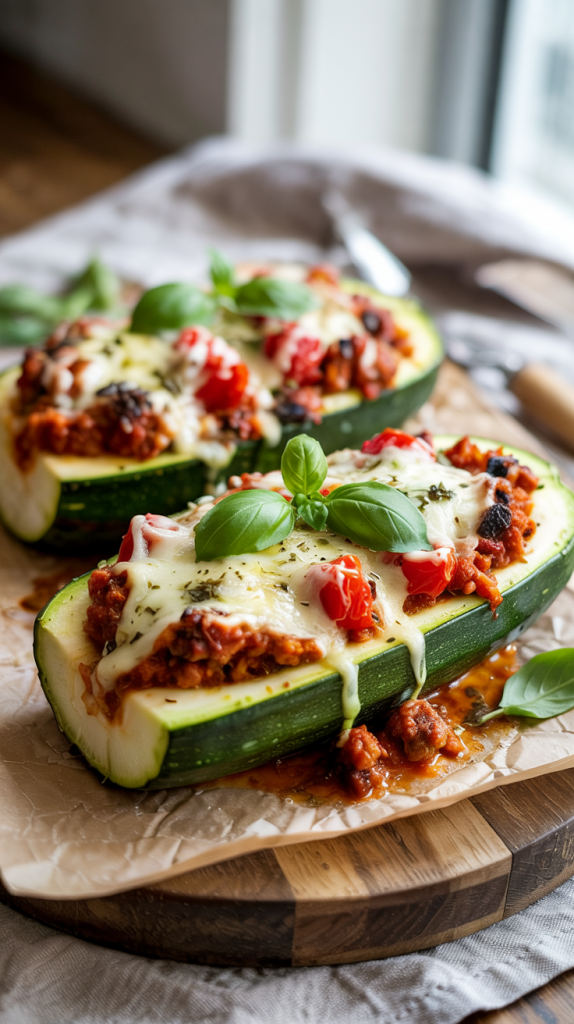 Zucchini boats filled with turkey, pesto, tomatoes, and Italian seasoning