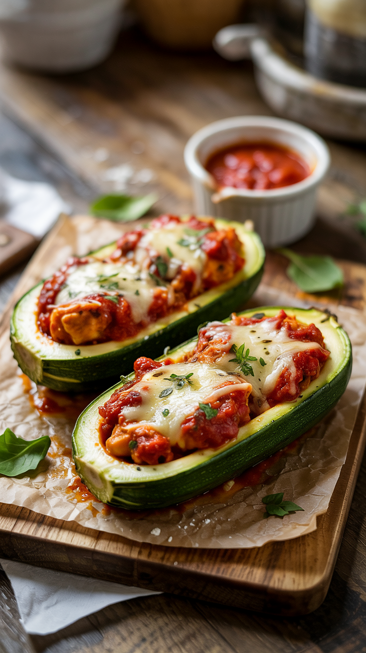Zucchini halves filled with seasoned chicken, marinara, and a sprinkle of mozzarella