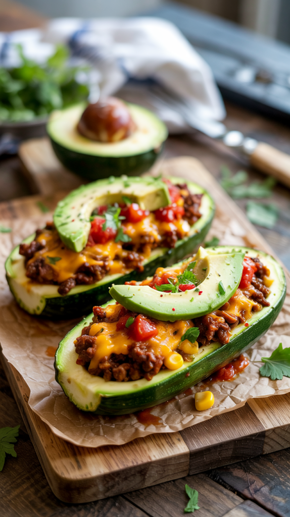 Zucchinis filled with taco-style ground beef, corn, and salsa,