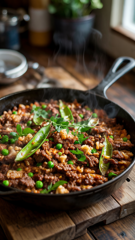 Healthy Ground Beef Recipes for Dinner beef and cauliflower fried rice, lighter, low-carb fried rice using cauliflower rice, peas