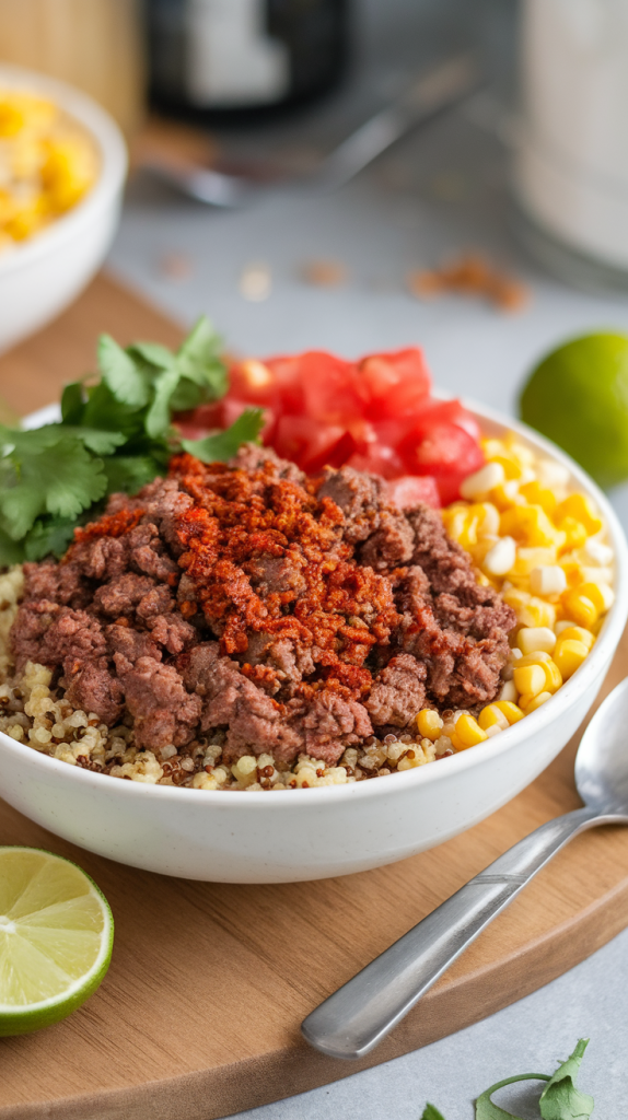 beef simmered with taco seasoning, spooned over quinoa with corn, tomatoes, and cilantro