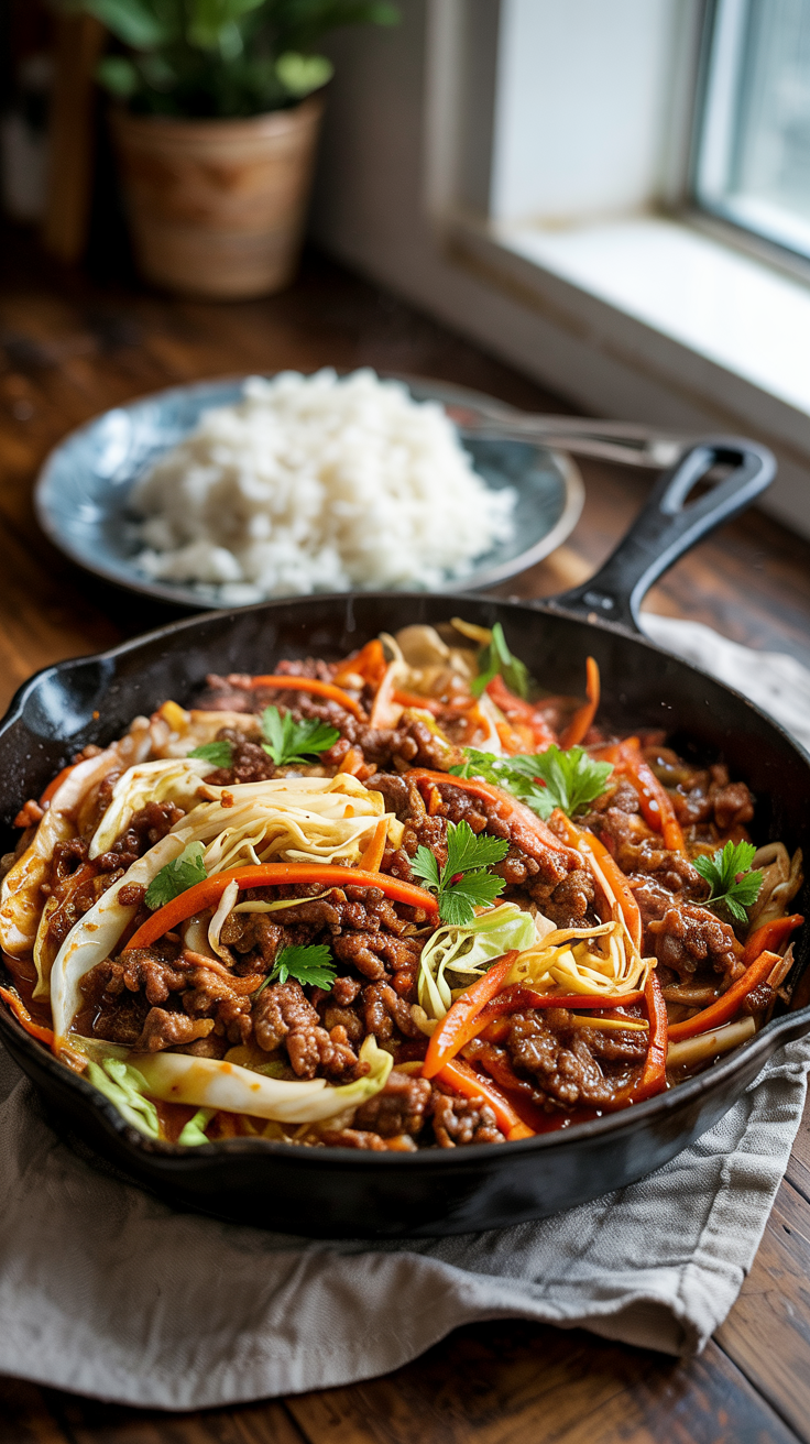 budget-friendly skillet with cabbage, carrots, beef, garlic, and soy sauce