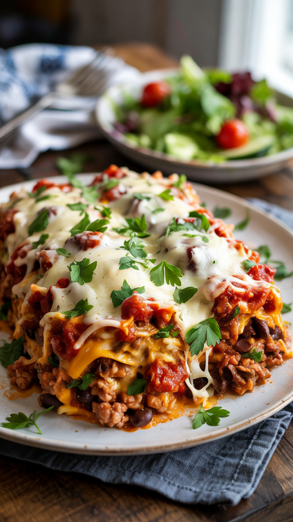 cheesy but light taco casserole layered with turkey, rice, beans, and salsa
