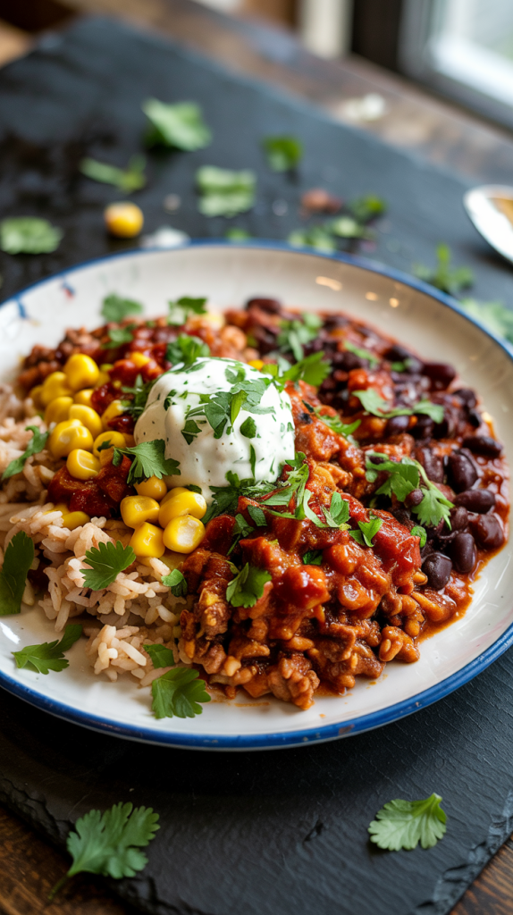 Healthy Ground Turkey Recipes for Dinner deconstructed enchilada bowl with turkey, beans, corn, rice, and red sauce