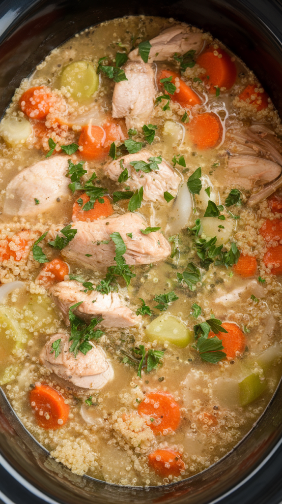dinner with quinoa, veggies, and light broth