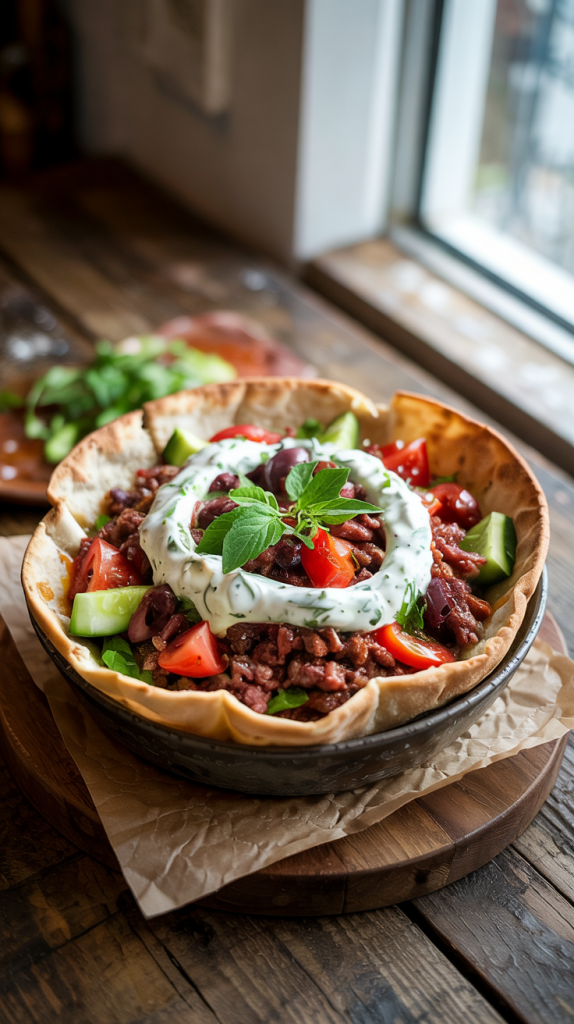 Healthy Ground Beef Recipes for Dinner ground beef served in warm pitas with tomatoes, cucumbers, olives, and tzatziki