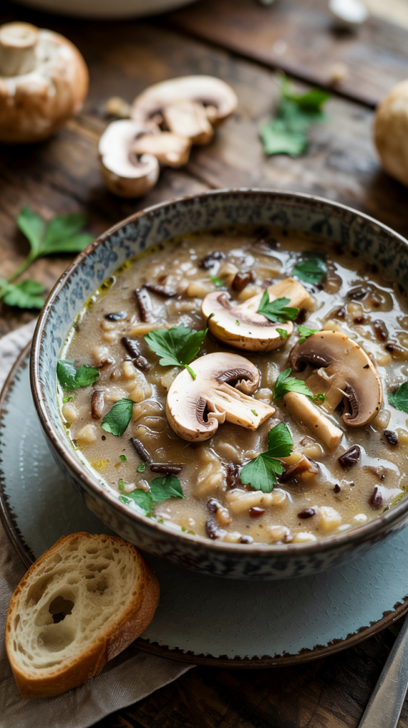 hearty soup with mushrooms and wild rice