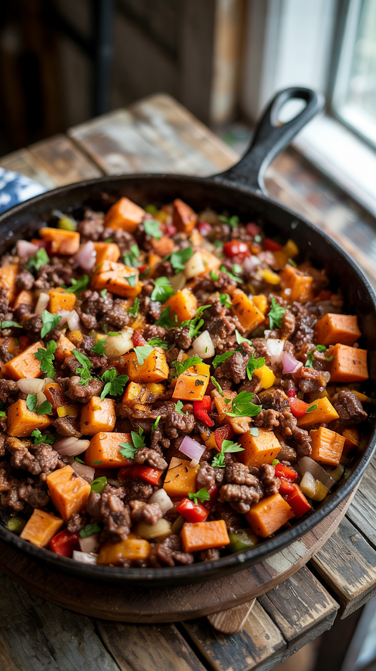 high-protein skillet dinner with sweet potatoes, onions, peppers, and garlic
