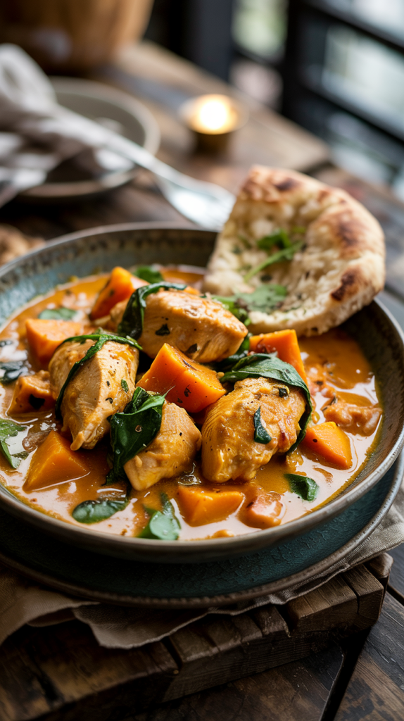 lighter coconut curry with chicken, cubed squash, spinach, and spices