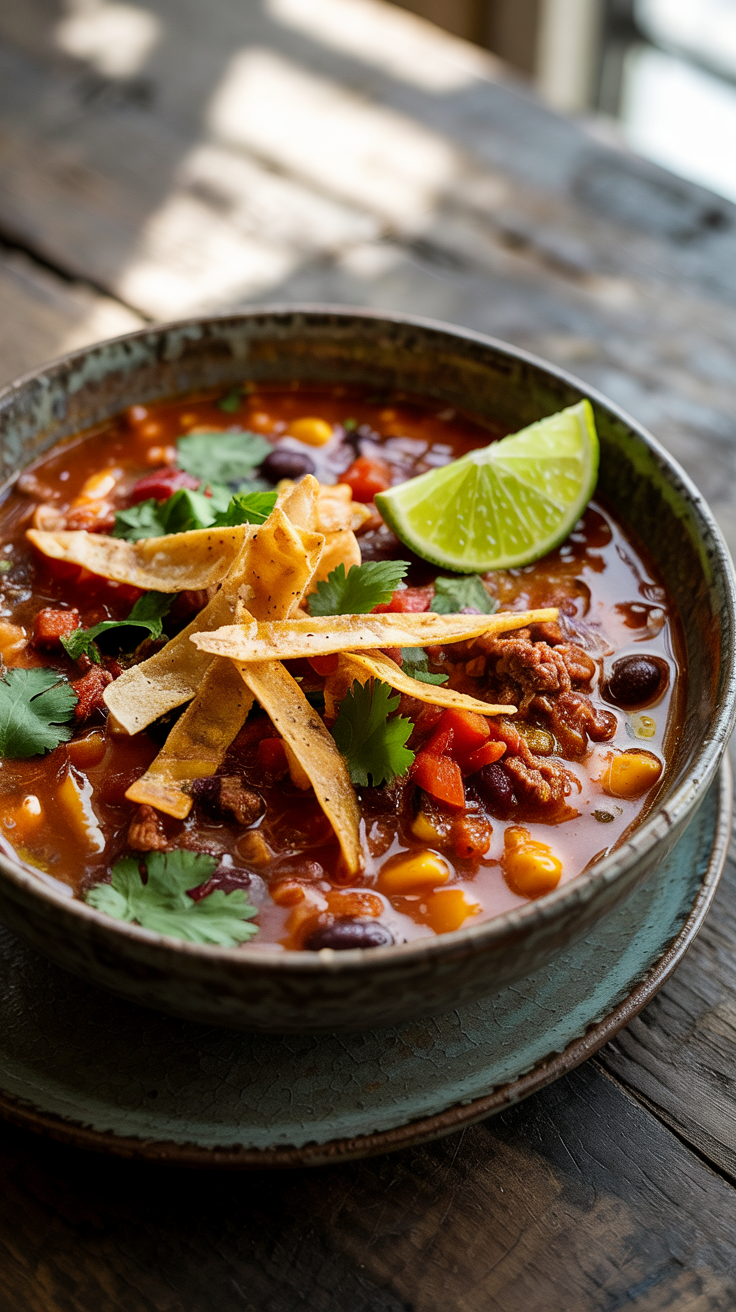 lighter tortilla soup loaded with beef, black beans, corn, tomatoes, and lime