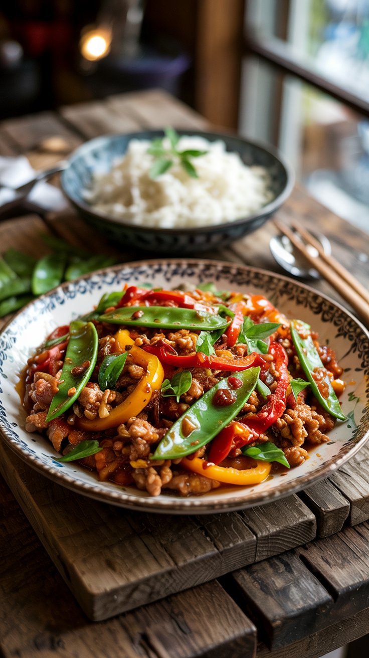 low-calorie stir fry with turkey, snap peas, peppers, and sweet chili garlic sauce