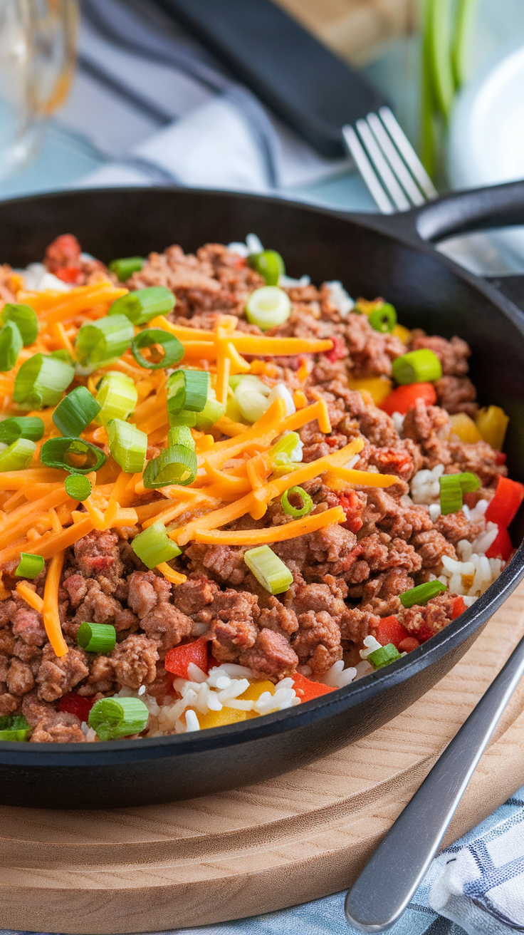 one-pan mix of lean beef, brown rice, black beans, corn, and taco spices