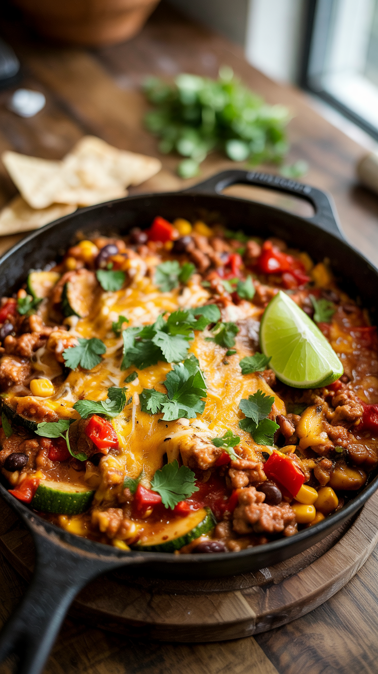 one-pan mix of turkey, zucchini, corn, salsa, beans, and seasonings
