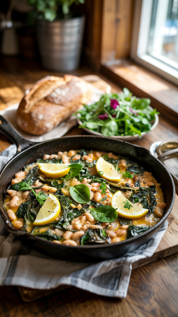 one-pan protein-rich dinner with white beans, spinach, garlic, and lemon
