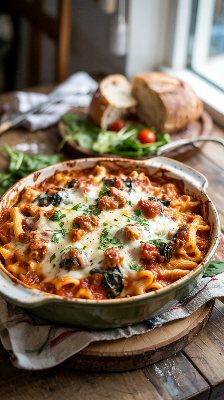 pasta baked with turkey, marinara, spinach, and a light sprinkle of mozzarella