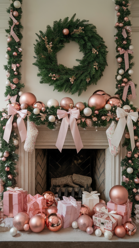 Christmas ideas 2025 trends pink and white christmas mantle decor