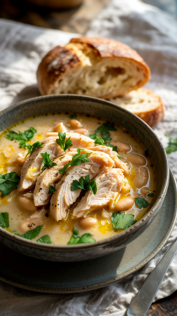 Chicken Dinner Recipes Healthy protein-heavy soup with white beans, chicken, lemon, and herbs