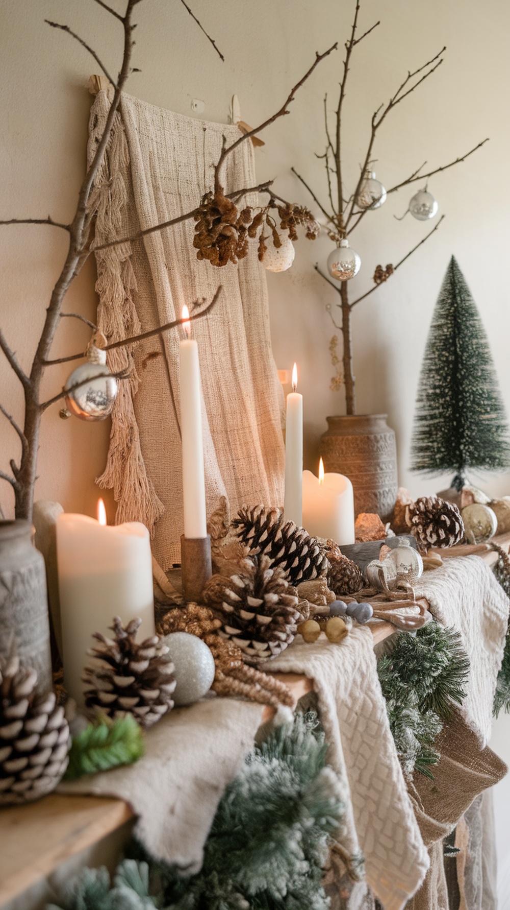 A boho Christmas mantle decorated with natural elements like pinecones, twigs, and candles.