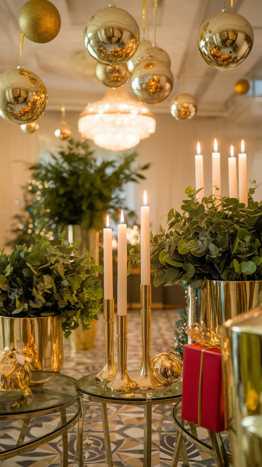 Luxurious Christmas decor featuring gold accents, candles, and greenery.