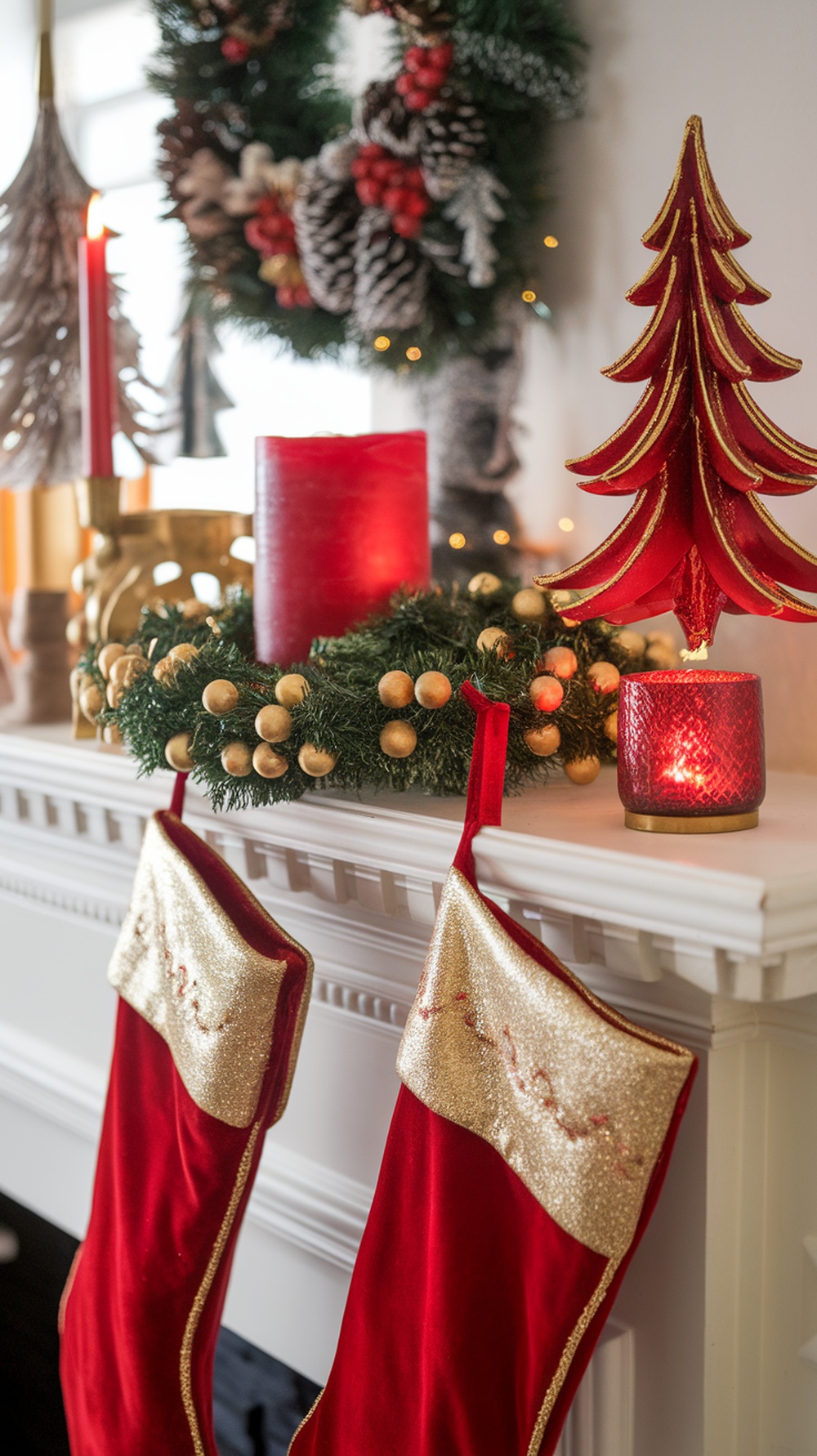 A Christmas mantle decorated in classic red and gold theme with stockings, candles, and a wreath.