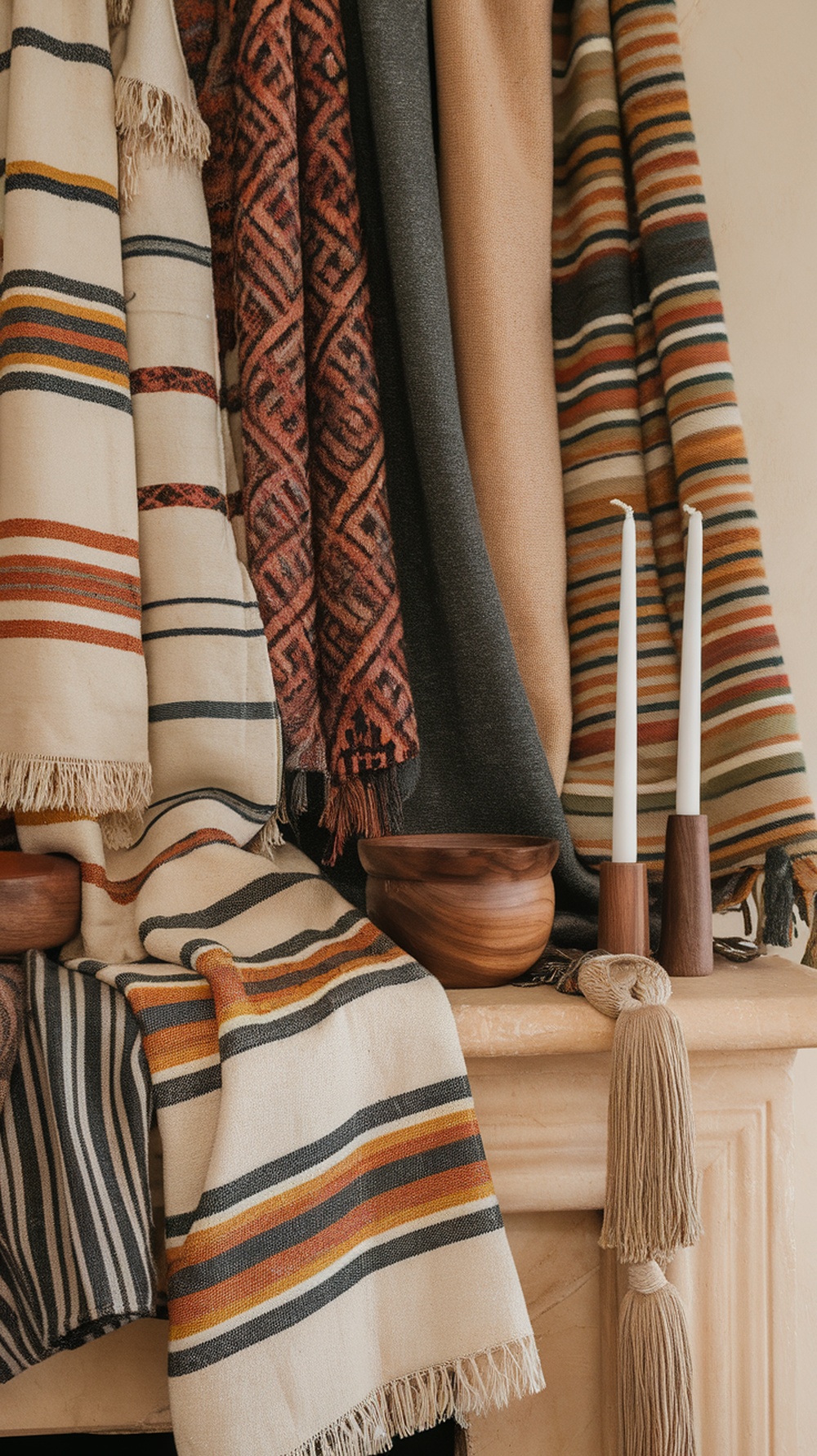 A cozy boho Christmas mantle decorated with layered fabrics and textiles, featuring various throws and wooden decor.