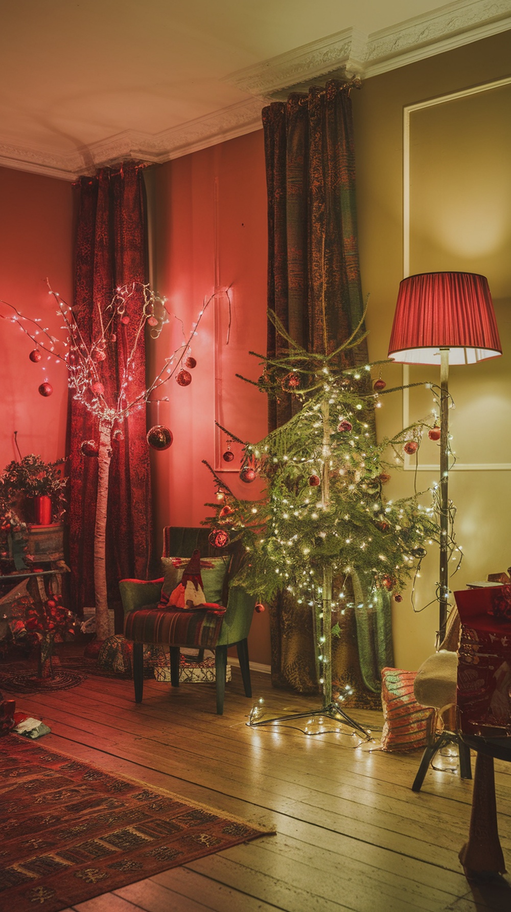A cozy Christmas decor featuring a green tree with red ornaments, red curtains, and warm lighting.