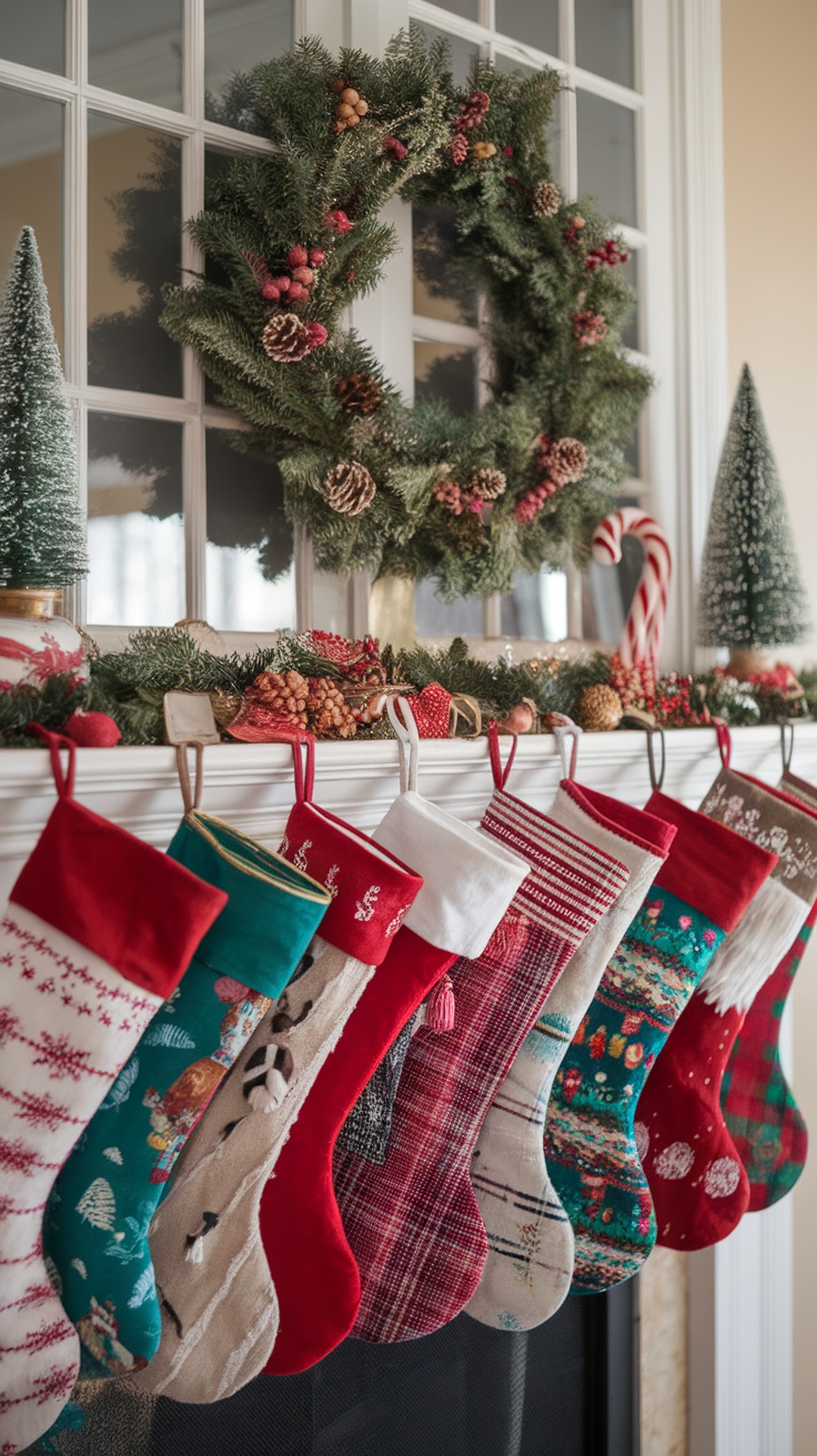 A colorful display of Christmas stockings hanging from a mantle, with a wreath and decorative elements.