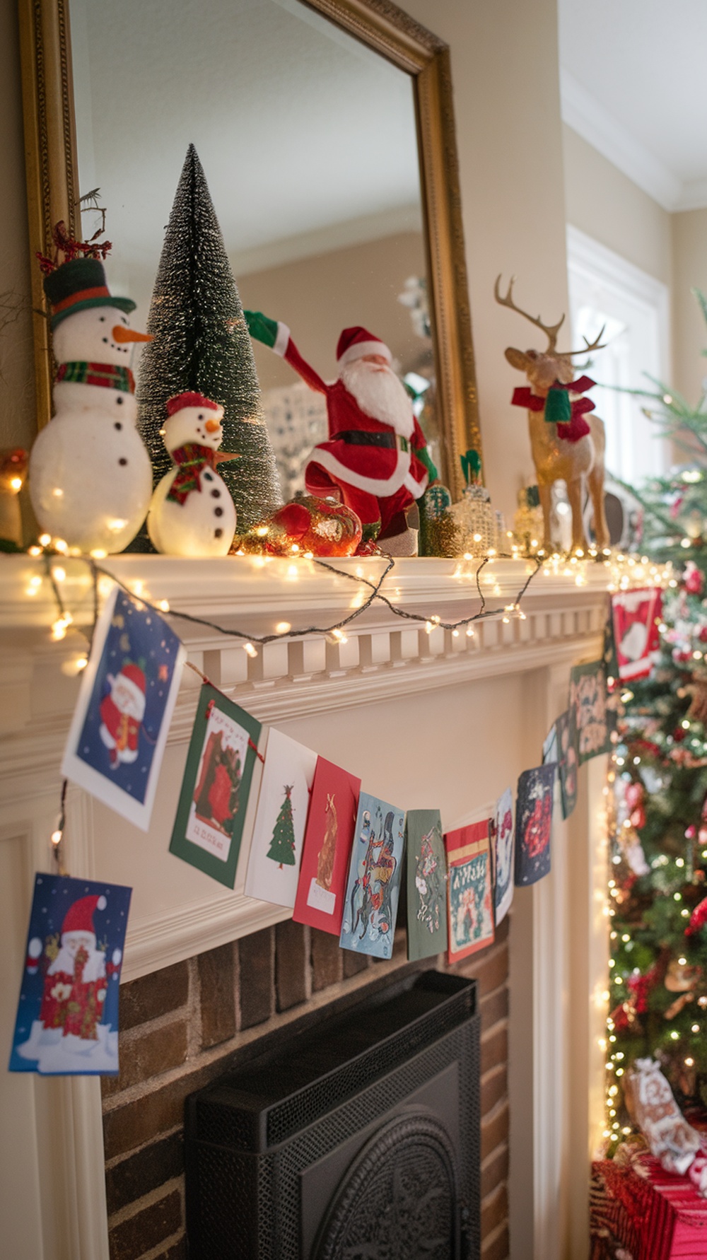 A festive mantle decorated with a personalized photo garland, red ornaments, and candles.