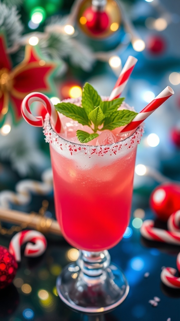 Candy Cane Vodka Sparkle Recipe A sparkling pink cocktail in a glass rimmed with crushed candy canes, garnished with mint and a candy cane stirrer.