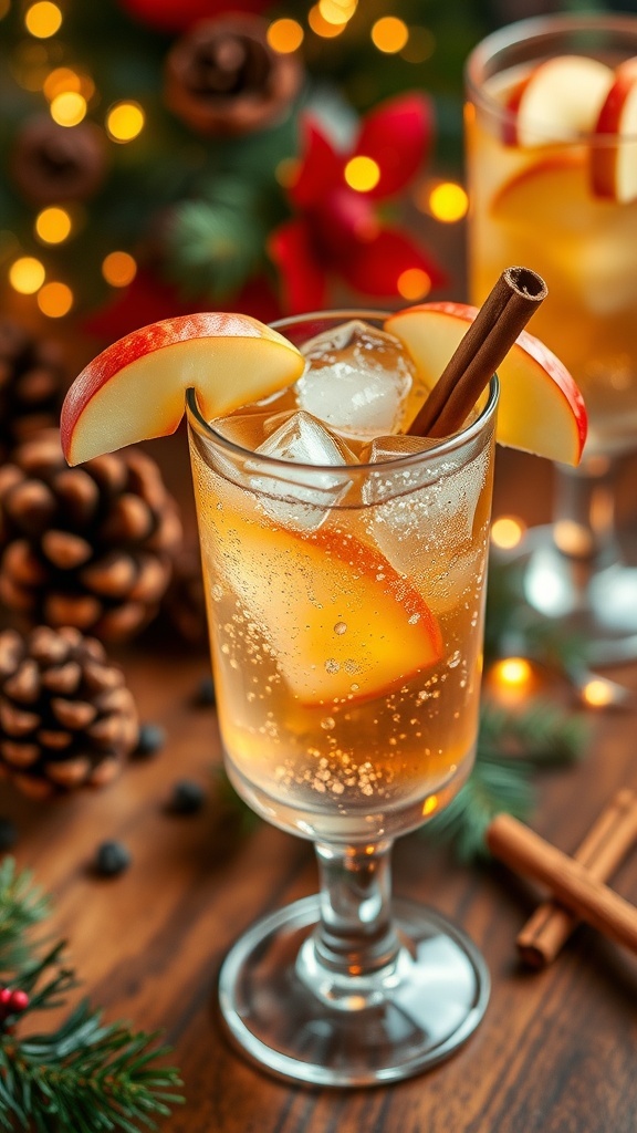 Jingle Bell Apple Cider Fizz Recipe A sparkling apple cider drink garnished with apple slices and cinnamon, set in a festive holiday scene.