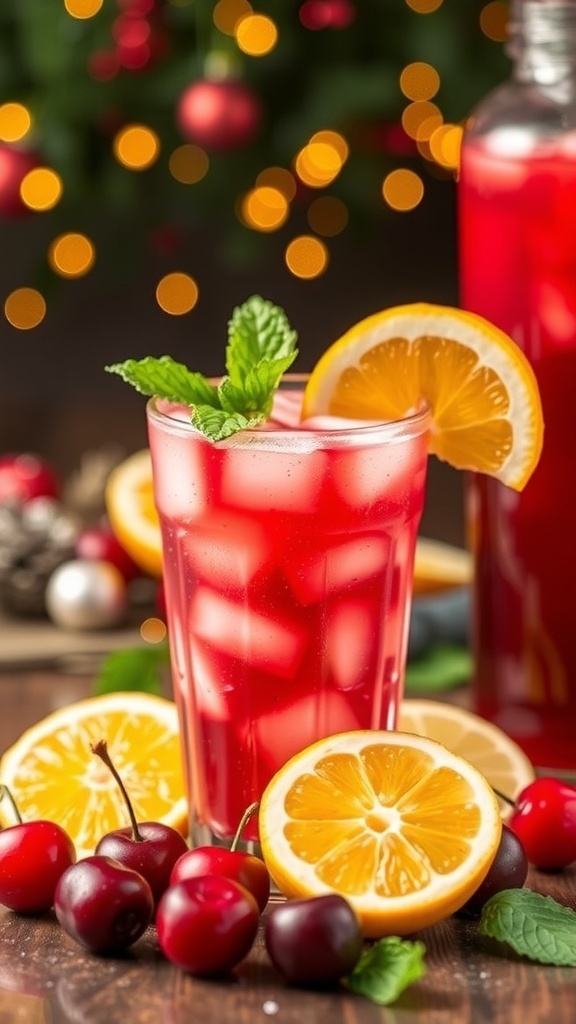 Santa A refreshing cherry punch mocktail in a glass with ice, garnished with mint, surrounded by fruit slices on a festive table.