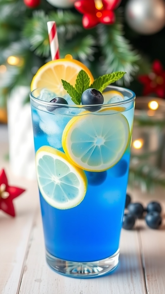 Frostbite Blue Christmas Lemonade Recipe A refreshing blue lemonade in a glass with ice, garnished with lemon slices and blueberries, surrounded by holiday decorations.