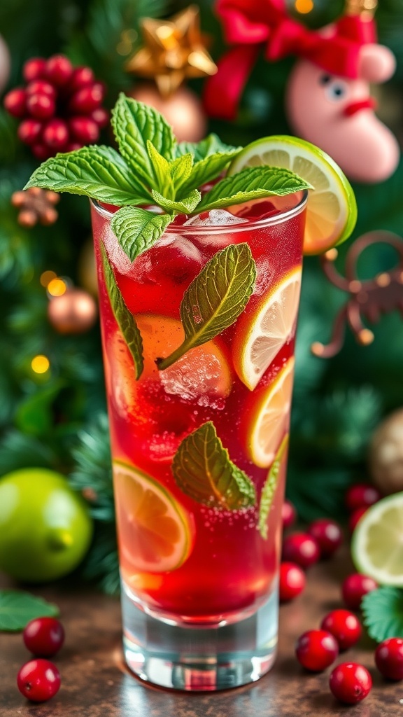 Festive Mistletoe Mojito Recipe A refreshing Mistletoe Mojito cocktail with mint and lime garnishes, set against a festive holiday backdrop.