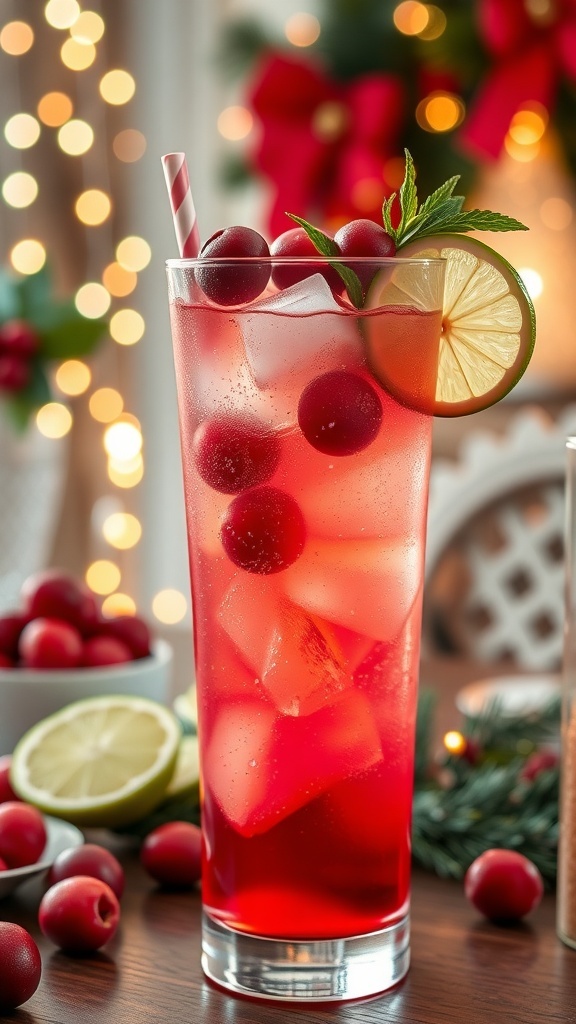 Holly Jolly Cranberry Lime Spritz Recipe A refreshing cranberry lime spritz in a glass, garnished with cranberries and lime, on a holiday table.