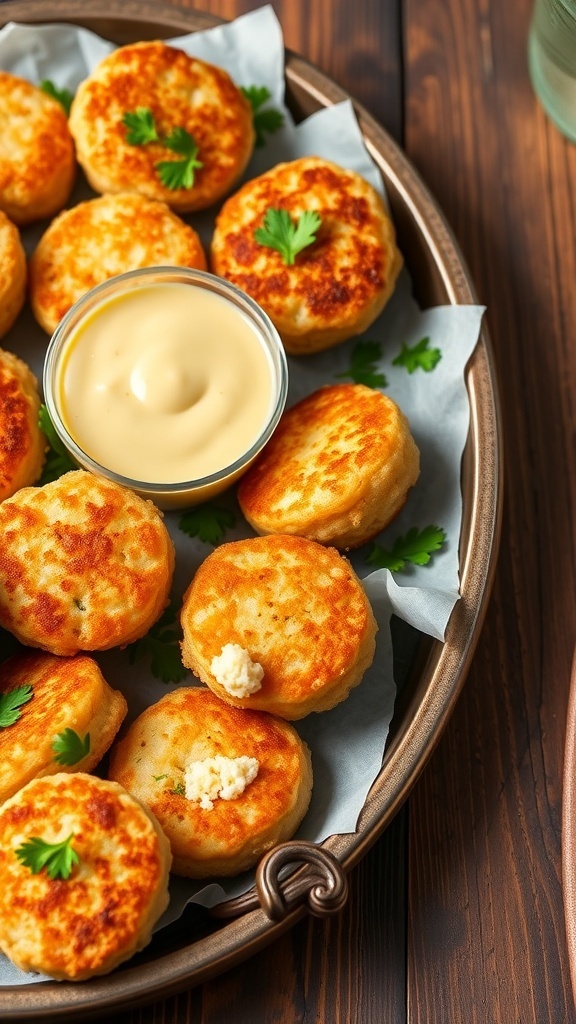 Mini Crab Cakes with Lemon Aioli Recipe Mini crab cakes on a platter with lemon aioli, garnished with parsley.