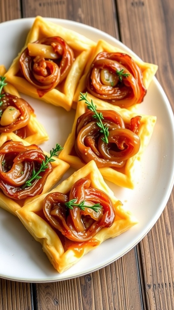 Caramelized Onion and Gruyère Tart Squares Caramelized onion and Gruyère tart squares on a plate, garnished with thyme.